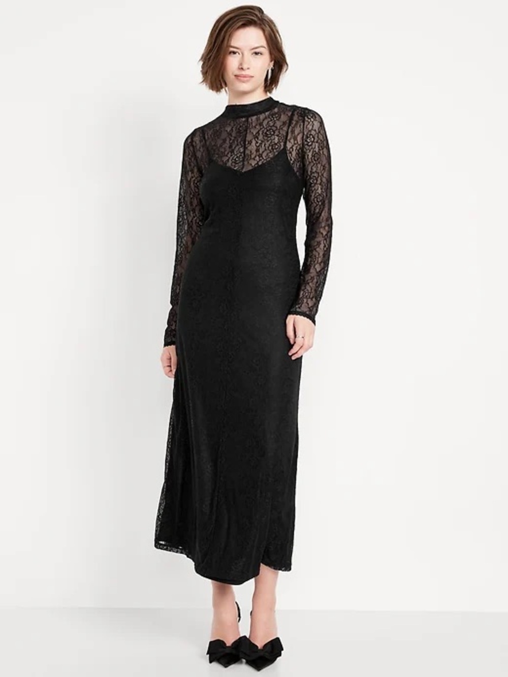 Black Lace Long-Sleeve Maxi Dress w/Slip